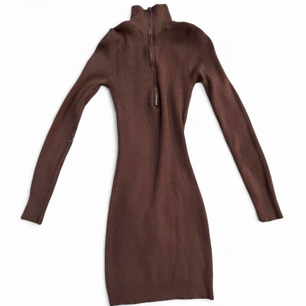 Brown Ribbed Zip-Turtleneck Bodycon Dress - 1